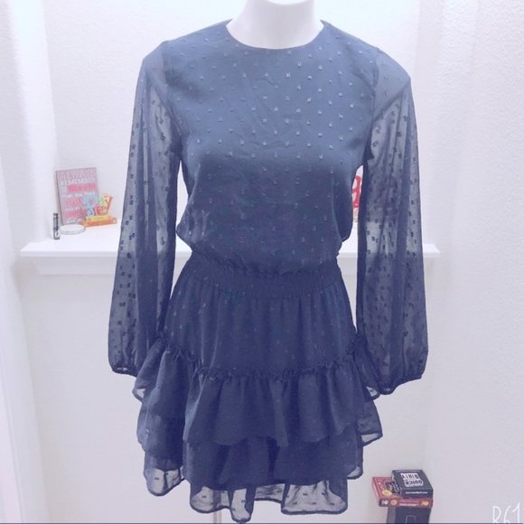 Express Clip Dot Dress Smocked Tiered Long Sleeves Mock Neck Size XS New w/Tag - Picture 7 of 11